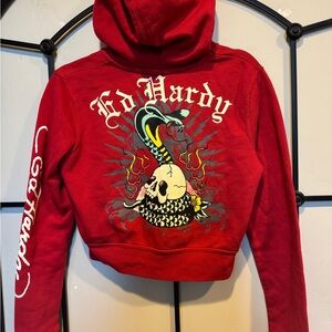 Vintage Y2K Ed Hardy Cropped Cherry Skull Graphic Hoodie JUNIORS Sz L